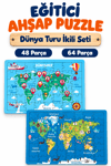 2'li 48+64 Parça Dünya Turu Farklı Temalı Puzzle Seti 27,5x19,5 cm Çocuk Eğitici Yapboz Oyunu