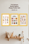 3'Lü Ahşap Bohem Renkli Eğitici Tasarımlı Çocuk ve Bebek Odası Çerçevesiz Poster Seti 20x30 cm