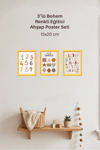 3'Lü Ahşap Bohem Renkli Eğitici Tasarımlı Çocuk ve Bebek Odası Çerçevesiz Poster Seti 15x2o cm