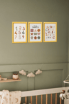 3'Lü Ahşap Bohem Renkli Eğitici Tasarımlı Çocuk ve Bebek Odası Çerçevesiz Poster Seti 20x30 cm