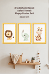 3'Lü Ahşap Bohem Renkli Safari Tasarımlı Çocuk ve Bebek Odası Çerçevesiz Poster Seti 20x30 cm