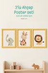 3'Lü Ahşap Bohem Renkli Safari Tasarımlı Çocuk ve Bebek Odası Çerçevesiz Poster Seti 15x2o cm