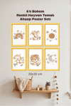 6'Lı Ahşap Bohem Renkli Hayvan Tasarımlı Çocuk ve Bebek Odası Çerçevesiz Poster Seti 20x30 cm