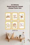 6'Lı Ahşap Bohem Renkli Hayvan Tasarımlı Çocuk ve Bebek Odası Çerçevesiz Poster Seti 15x2o cm