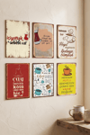 6'Lı Çay Ve Kahve Temalı Ahşap MDF Dekoratif Duvar Tablosu 15x20 Cm Poster Seti 