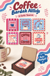 6'Lı MDF Bardak Altlığı Seti Saklama Kutulu Retro Coffe Time Temalı Renkli Desenli Dekoratif Bardak Altlığı Kutu Hediyeli