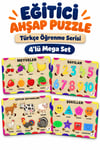 Ahşap Eğitici Öğretici 4’lü Mega Puzzle Seti – Meyveler, Sebzeler ve Türkçe Sayılar Sök Tak Yapboz Oyuncak