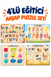 Ahşap Eğitici Öğretici 4’lü Puzzle Seti – Alfabe, Sayılar, Geometrik Şekiller ve Çiftlik Hayvanları Yapboz Oyuncak