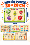 Ahşap Eğitici Öğretici 6’lı Puzzle Seti – Alfabe, Sayılar, Geometrik Şekiller, Sebzeler, Meyveler ve Meslekler Yapboz Oyuncak