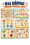 Ahşap Eğitici Öğretici 6’lı Puzzle Seti – Alfabe, Sayılar, Geometrik Şekiller, Sebzeler, Meyveler ve Meslekler Yapboz Oyuncak