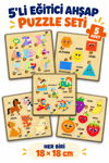Ahşap Eğitici Puzzle 5’li Set – Taşıtlar, Rakamlar, Meyveler, Geometrik Şekiller ve Orman Hayvanları Sök Tak Yapboz