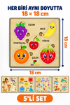 Ahşap Eğitici Puzzle 5’li Set – Taşıtlar, Rakamlar, Meyveler, Geometrik Şekiller ve Orman Hayvanları Sök Tak Yapboz