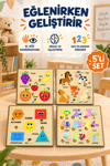 Ahşap Eğitici Puzzle 5’li Set – Taşıtlar, Rakamlar, Meyveler, Geometrik Şekiller ve Orman Hayvanları Sök Tak Yapboz