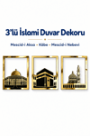 Altın Renk Mescid-i Aksa, Mescid-i Haram ve Mescid-i Nebevi 3’lü Kare Duvar Dekoru Seti – İslami Dekoratif Tablo