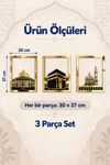 Altın Renk Mescid-i Aksa, Mescid-i Haram ve Mescid-i Nebevi 3’lü Kare Duvar Dekoru Seti – İslami Dekoratif Tablo