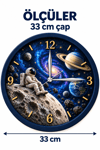 Astronotlu Uzay Temalı Dekoratif Duvar Saati – 33 cm UV Baskılı, Lacivert Çerçeveli Çocuk Odası Duvar Saati