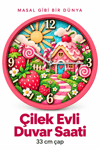 Çilek Evli Dekoratif Duvar Saati – 33 cm UV Baskılı Pembe Çerçeveli, Kız Çocuk ve Bebek Odası İçin Renkli Duvar Saati