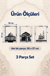 Gümüş Renk Mescid-i Aksa, Mescid-i Haram ve Mescid-i Nebevi 3’lü Kare Duvar Dekoru Seti – İslami Ev ve Ofis Dekorasyonu