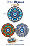 Nazar Boncuğu Temalı Dekoratif Duvar Tablosu 3'lü Set – Yuvarlak MDF Duvar Süsü 30x30 cm