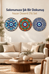Nazar Boncuğu Temalı Dekoratif Duvar Tablosu 3'lü Set – Yuvarlak MDF Duvar Süsü 30x30 cm