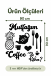 Siyah Ahşap Mutfak Konsepti Duvar Dekoru – Kalp, Mutfağım, Ananas ve Bi Kahve Dekoratif MDF Duvar Süsü Seti 90x90 cm