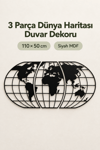 Siyah MDF 3 Parça Ahşap Dünya Haritası Duvar Dekoru 50x110 cm – Lazer Kesim Dekoratif Atlas Tablo, Ev Ofis ve Kafe Süsü