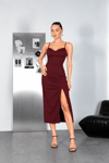 Bordo İnce Askılı Yırtmaçlı Midi Elbise