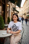 Kadın Premium %100 Pamuklu İnci Detaylı Topuz Grafik Baskılı Taşlı Beyaz Tişört