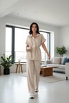 Kadın Premium Modal İkili Takım Beli Bağcıklı Bol Paça Düğmeli Bluz Pantolon
