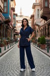 Kadın Premium Modal İkili Takım Beli Bağcıklı Bol Paça Düğmeli Bluz Pantolon