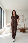 Kadın Premium Modal İkili Takım Beli Bağcıklı Bol Paça Düğmeli Bluz Pantolon