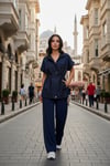 Kadın Premium Modal İkili Takım Beli Bağcıklı Bol Paça Düğmeli Bluz Pantolon