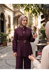 Lilyum Kumaş Geniş Yakalı Düğme Detaylı Tesettür İkili Takım - Mürdüm