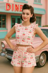 Retro Model Pembe Kirazlı Bürümcük Şort Takımı