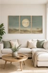 Ay ve Kuş Silüeti Temalı 3’lü Ahşap Dekoratif Tablo Seti – Minimalist Doğa Manzaralı Tablo