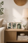 Modern Bohem 3’lü Soyut Duvar Tablo Seti Minimal Yeşil Bej Dekoratif Tablo Çerçeve Görünümlü
