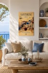 Santorini Ahşap Tablo – Vintage Seyahat Tablosu, Santorini Manzaralı Dekoratif Duvar Tablosu