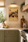 Santorini Ahşap Tablo – Vintage Seyahat Tablosu, Santorini Manzaralı Dekoratif Duvar Tablosu