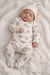 Yaprak Baskılı Kruvaze Body bej 3 Lü Takım 0 - 3 ay (müslin battaniyeli ) 4949