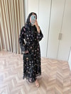 HR-1480H&R ButikMT- Lova Desenli Şallı Abaya Siyah Çiçek Desen