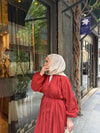 elbs-1636H&R ButikBerçe Keten Ön Düğmeli Elbise Kırmızı