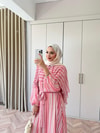 HR-1386H&R ButikFus- Nela Çizgi Detaylı Renkli Elbise Koyu Pembe