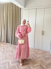 HR-1386H&R ButikFus- Nela Çizgi Detaylı Renkli Elbise Koyu Pembe