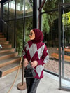 HR-3494H&R ButikPls- Baklava Desen Kazak Bordo Gri