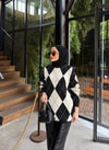 HR-3494H&R ButikPls- Baklava Desen Kazak Siyah Beyaz