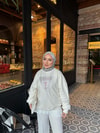 Sweat-220H&R ButikMuadil Pembe Taşlı Sweat Beyaz