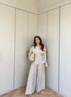 HR-1059H&R ButikHot- Bila Çizgili Takım Açık Bej