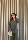 HR-1313H&R ButikHot- Rima Ön Detaylı Keten Takım Haki