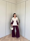 HR-2131H&R ButikPw- Nuril Yan Şerit Ön Fermuarlı Takım Bej Mürdüm
