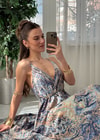 Aloha Lacivert  Etnik Desen İpek Elbise 